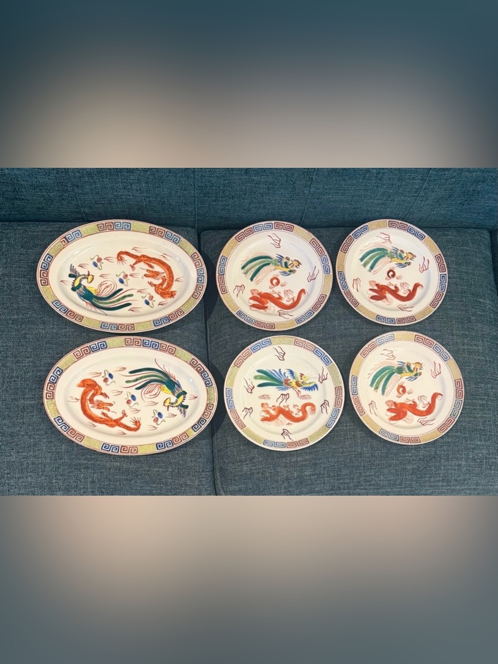 Vtg Chinese Porcelain Dragon Phoenix Plates & Platters Set of 6 Qianlong Mark